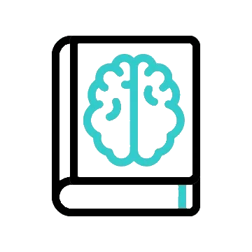 icono de psicólogos expertos en ansiedad con libro y cerebro representando conocimiento psicológico