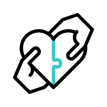 icono de terapia humana y personalizada con manos uniendo corazón representando apoyo emocional