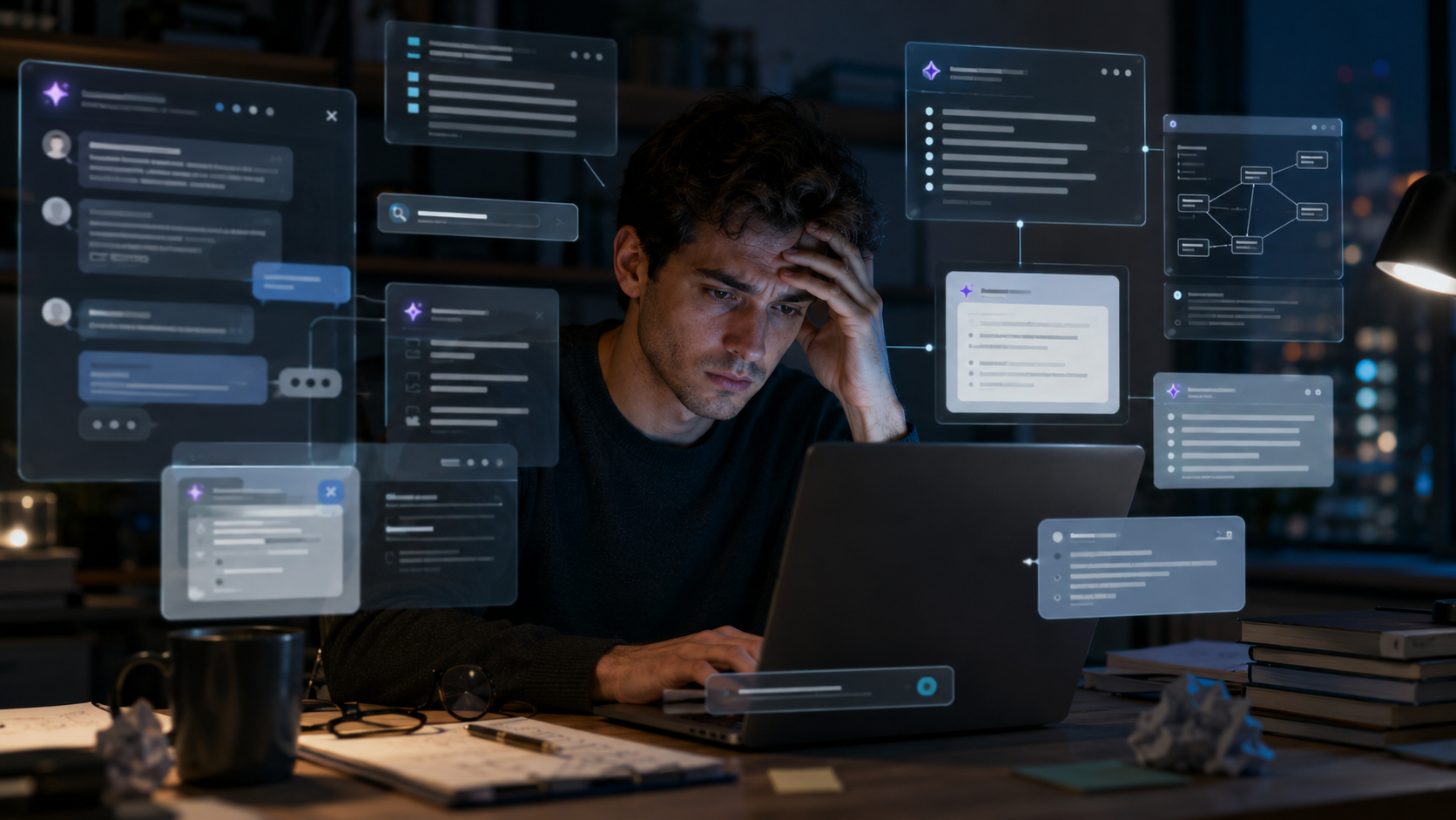 Profesional trabajando de noche frente a un portátil rodeado de paneles de inteligencia artificial, mostrando sobrecarga cognitiva y fatiga mental.