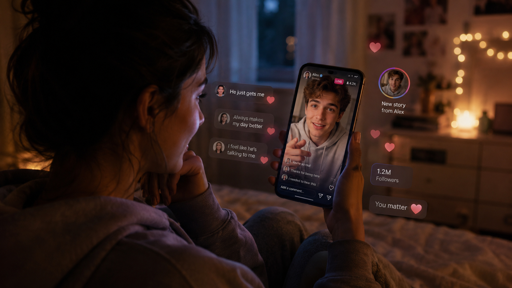 Persona viendo a un influencer en vivo desde el celular y sintiendo cercanía emocional a través de la pantalla.