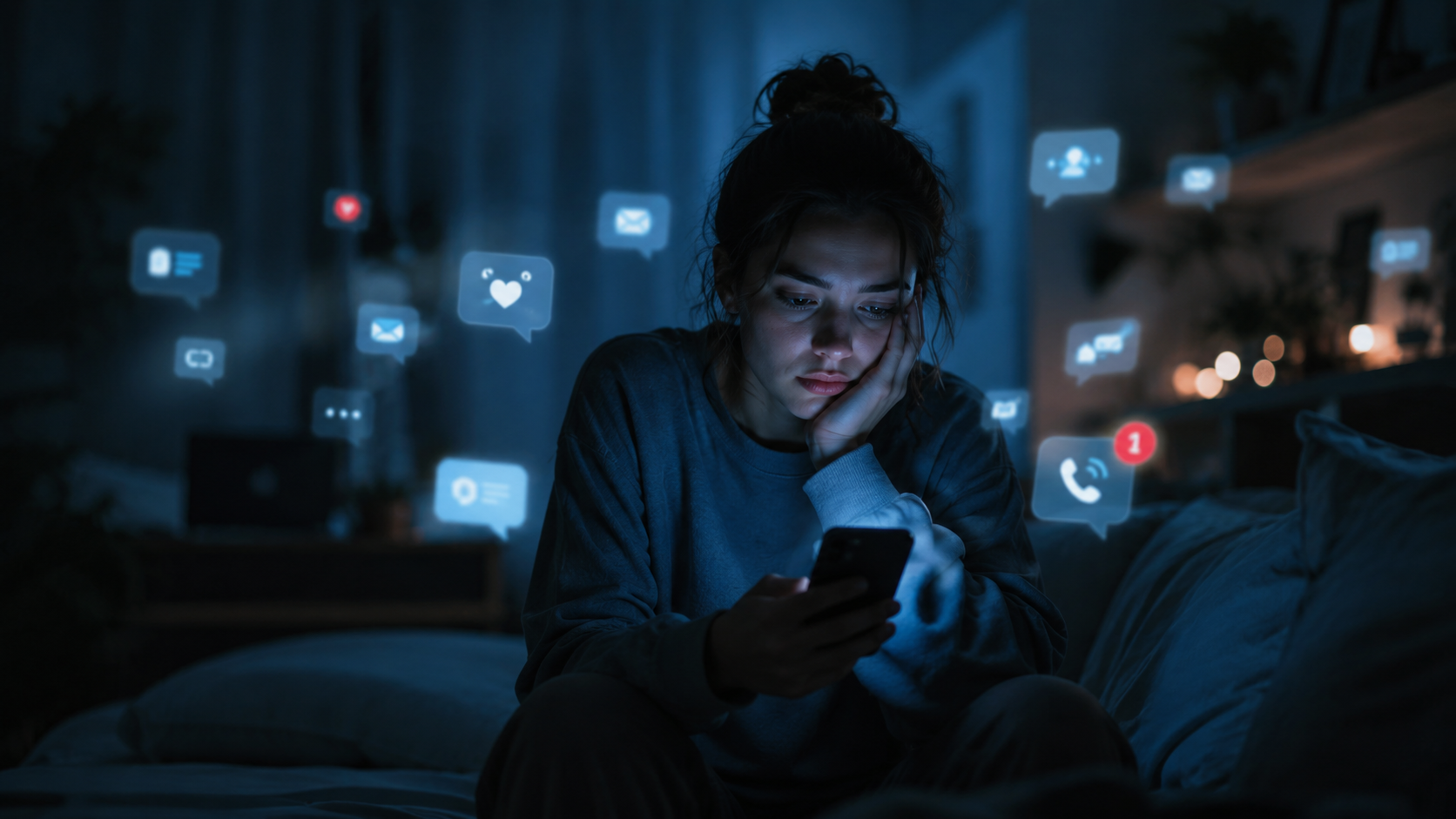 Persona sola revisando el celular de noche rodeada de notificaciones digitales, representando la soledad hiperconectada.